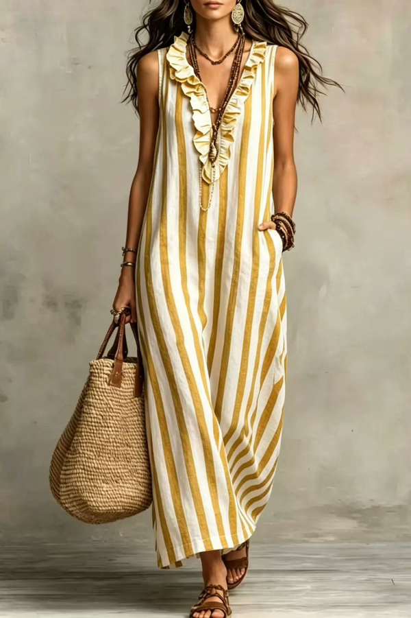 Fashionable Striped Print V-neck Ruffled Sleeveless Pockets Casual Midi Dress