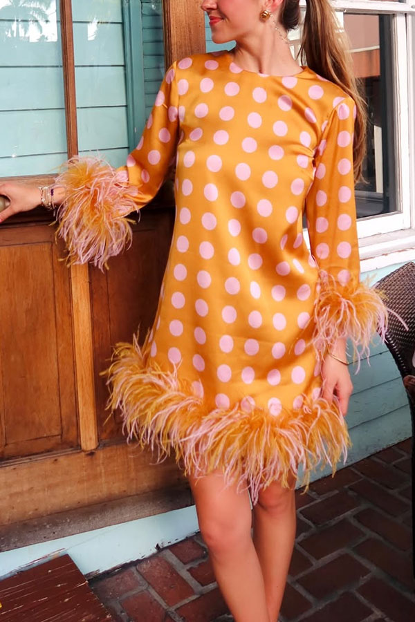 Playful and Cute Satin Polka Dot Print Half Sleeve Feather Trim H-line Mini Dress