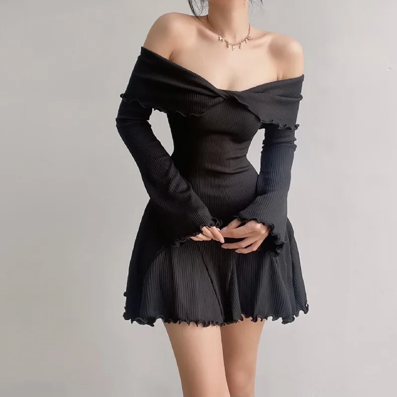 Ootddress Black Knit Ruffled Mini Dress Women Patchwork Off-Shoulder Loose Slim Fashion Ribbed Dress Knitwear Clothes Female Dress