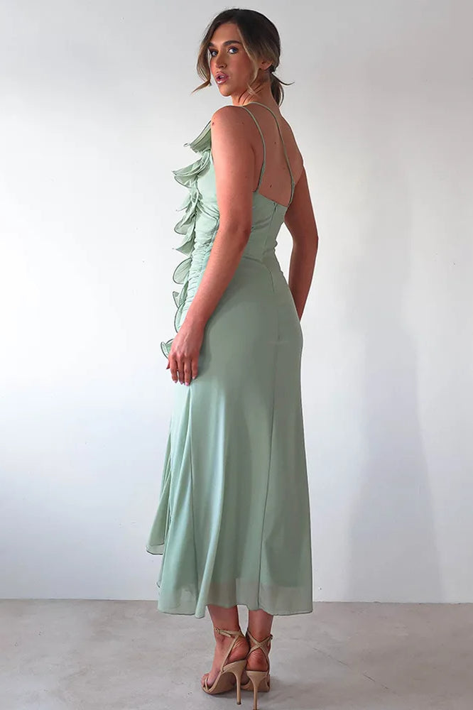 One Shoulder Ruched Vertical Ruffle Front High Split Midi Dress