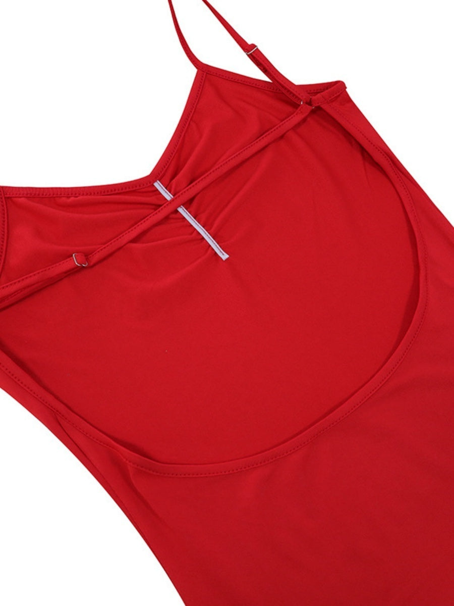Backless 3D Floral Shoulder Strap Satin Formal Dress Red Midi Dresses