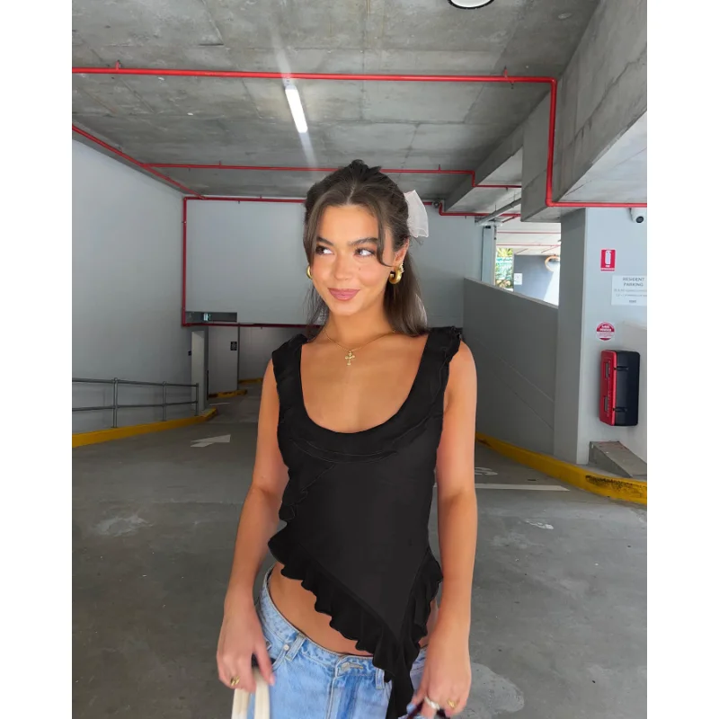 Ootddress Casual Backless Ruffled Y2k Top Vest Patchwork Strapless High Street Top Fashion Cute Solid Scoop Neck Tank Top Pullover