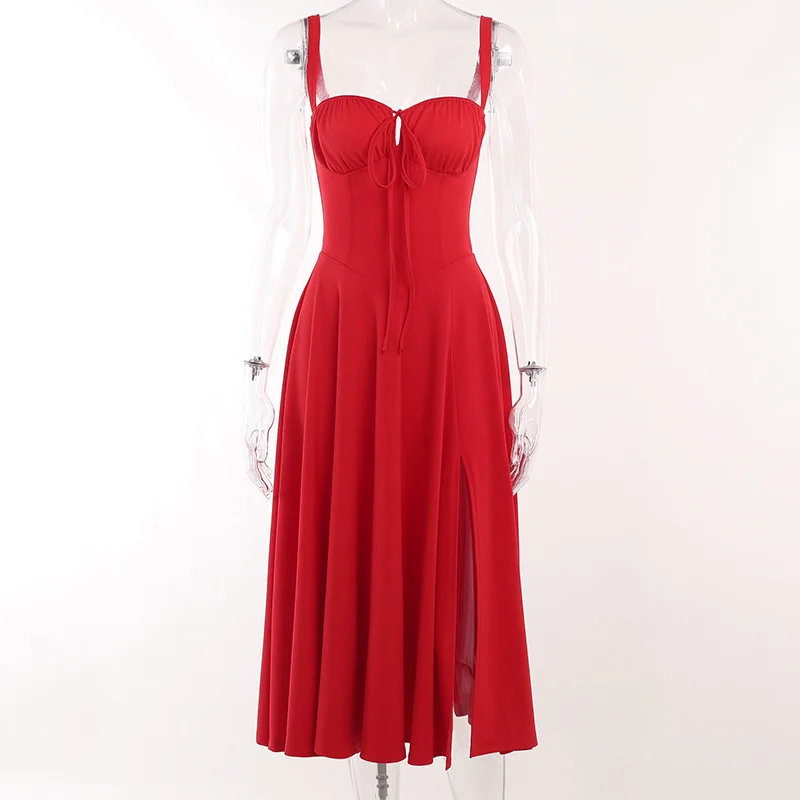 Ootddress Elegant Backless Split Midi Dress For Women Robe Spaghetti Strap Sleeveless Lace-up Pleated Party Long Dress Vestido