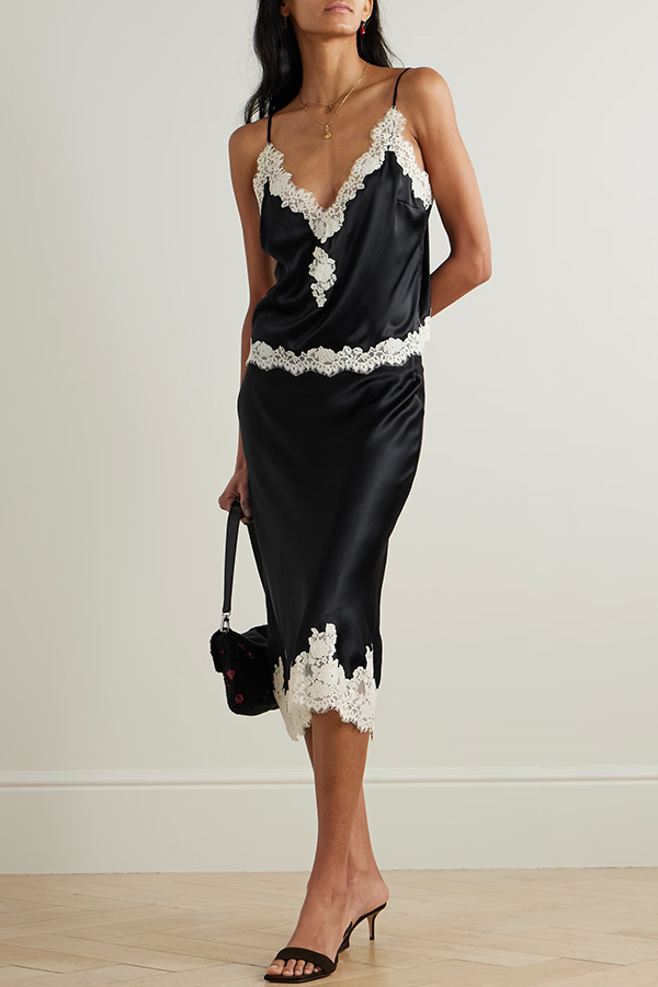 Celebration Look Contrast Color Satin Lace Trim Elastic Waist Drape Midi Skirt