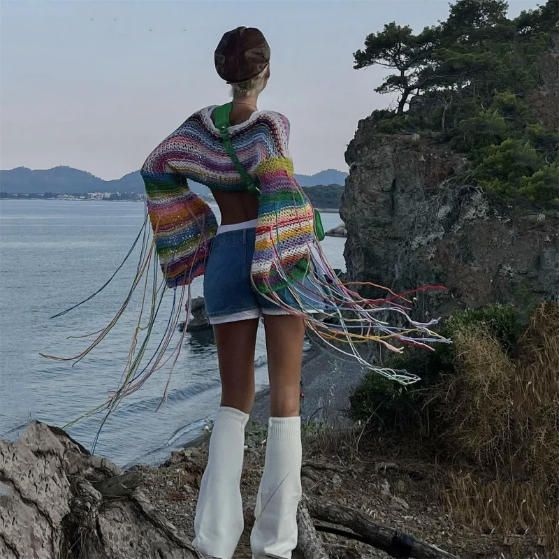 Ootddress Tassel Contrast Holiday Sweater Pullovers For Women Loose Flared Sleeve Beach Boho Knit Female Cover up Pullover Crop top 23 Ootddress Tassel Contrast Holiday Sweater Pullovers For Women Loose Flared Sleeve Beach Boho Knit Female Cover up Pullover Crop top