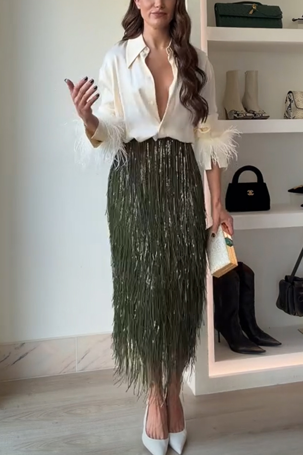 Party Crasher Feather Trim Long Sleeve Button Up Loose Blouse