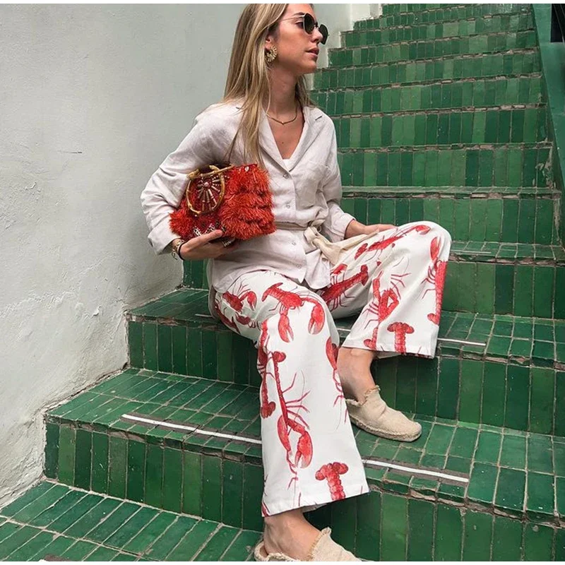 Cartoon Cray Printing Long Pants Set For Women 2025 Summer Short Sleeve Shirt High Waist Wide Leg Pant 2 Piece Sets Lady Outfits