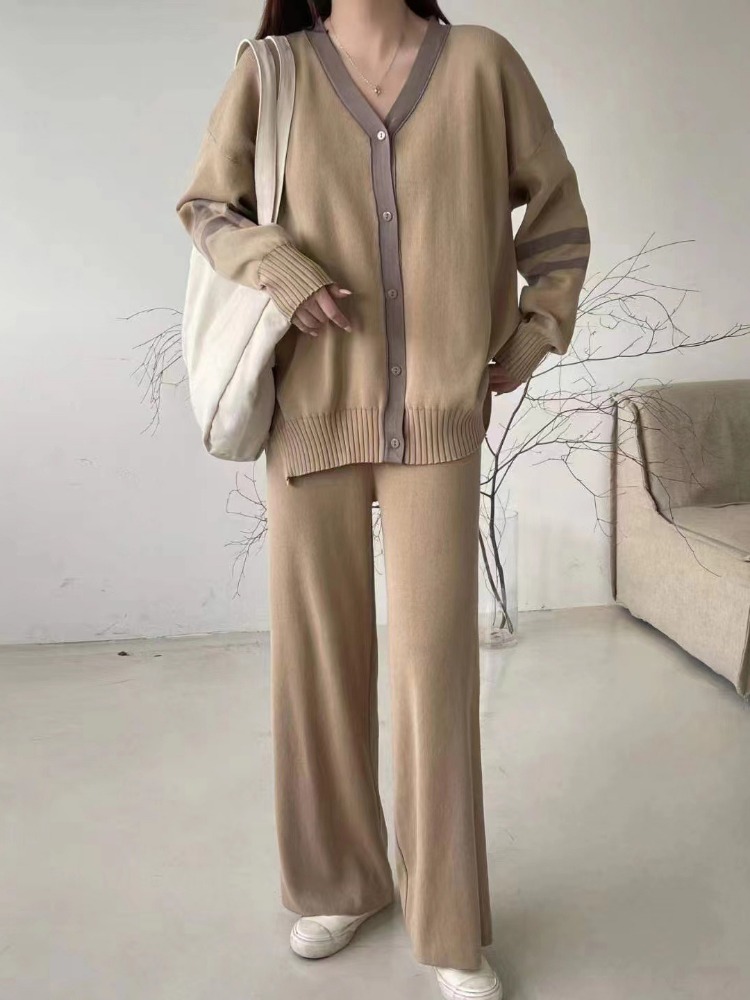 Ootddress Casual Loose 2 Piece-Set Knitwear Contrast For Women Outwear And Wide Leg Trousers Outfits Fashion Knit Women's Pants Sets