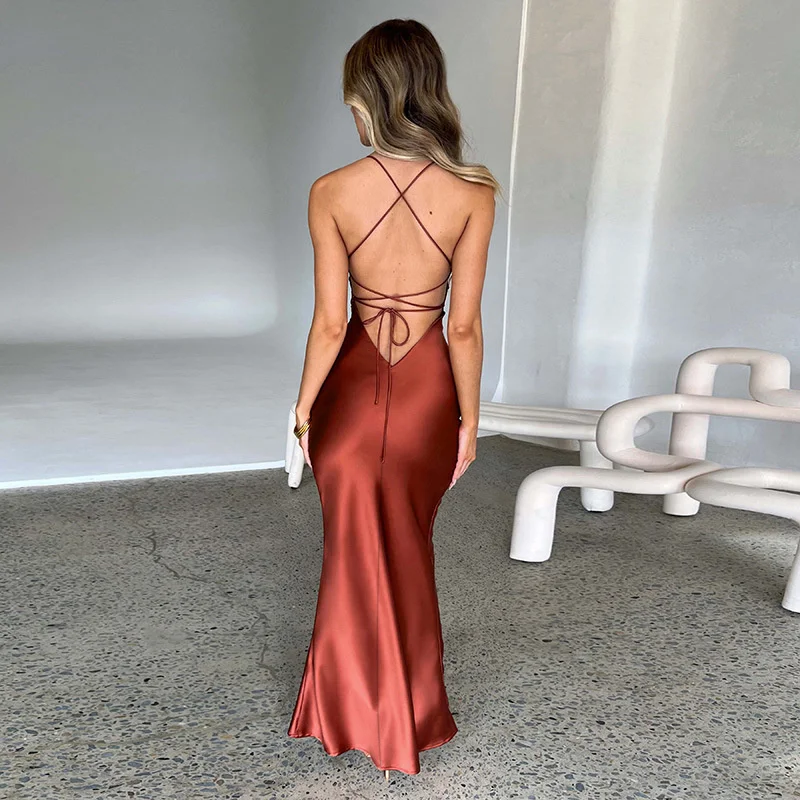 Ootddress Satin Backless Maxi Dress For Women 2025 Autumn New Spaghetti Strap Sleeveless Bodycon Long Dress Vestido Clubwear