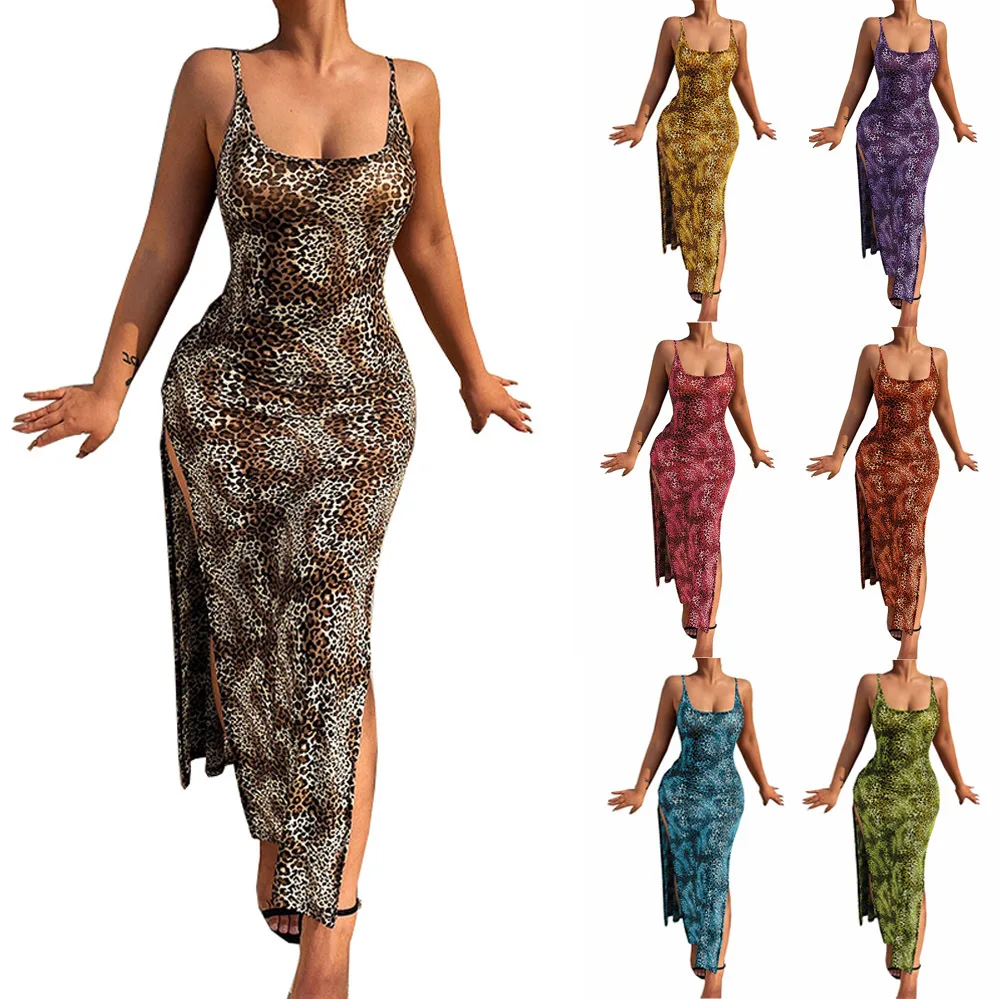 Fashion Leopard Print Slim Long Dresses Women Sexy Low Cut Backless Package Hip Bodycon Slit Dress Female Streetwear Summer New 6 undefined