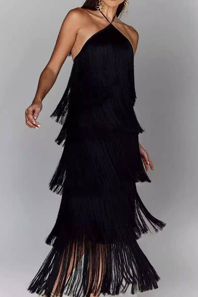 Halter Neck Tiered Fringe Midi Dress