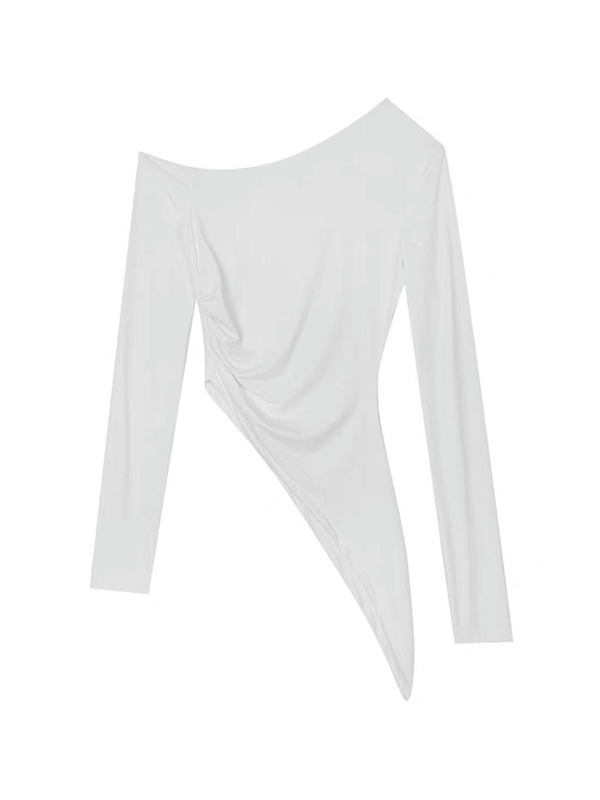 Slanted Shoulder Ruched Irregular Hem Long Sleeve Tee