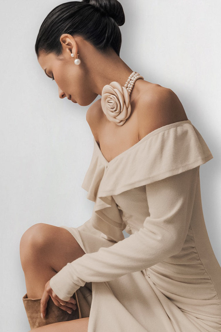 Off Shoulder Sweetheart Ruffle Flounce Long Sleeve Ruched Front Slit Midi Dress