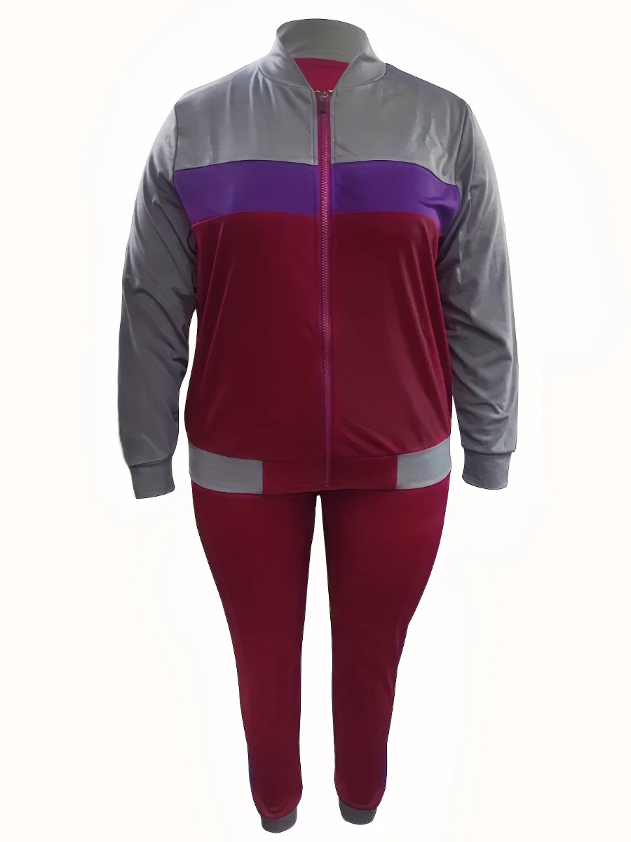 Plus Size Zipper Design Patchwork Pants Set Women Color Block Mandarin Collar Tracksuits Long Sleeve Two Pieces Outfits