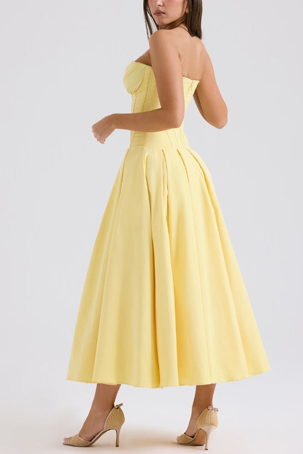 Strapless Corset Sweetheart Neckline Pleated Full Skirt Midi Dress