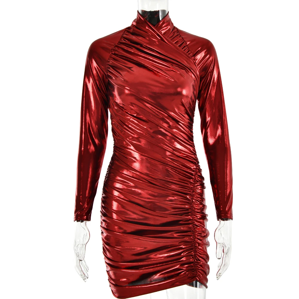 Ootddress Autumn Leather Long Sleeve Pleated Dress For Women Zipper Tight Irregular Female Dress Party Club Sheath Vestidos