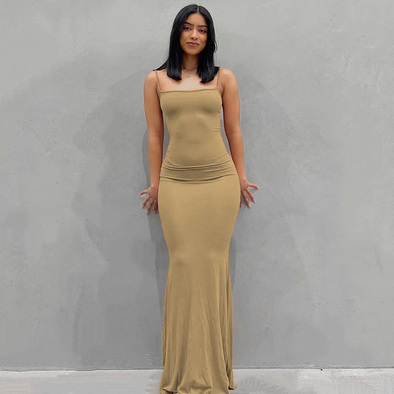 Dresses For Women 2025 Sexy Spaghetti Strap Black Long Dress Evening Y2k Sleeveless Solid Skinny Bodycon Maxi Vestidos