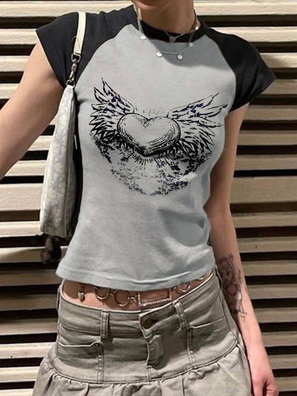 Y2K Wings Print Contrast Raglan Slim Short Sleeve Tee