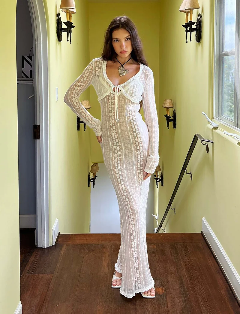 Ootddress Lace Dress Sets Women Bodycon Long Sleeve Cover-up Ladies Split V Neck Slim High Waist Dresses For Woman Summer Casual