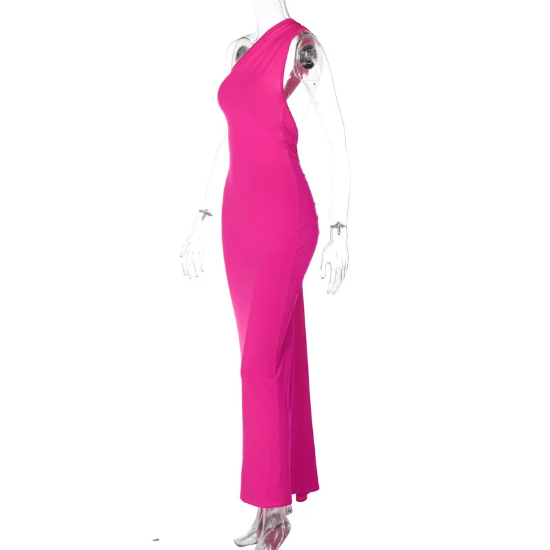 Ootddress Oblique Shoulder Backless Maxi Dress For Women Gown Summer Back Strap Sleeveless Ruched Party Sexy Long Dress Vestidos