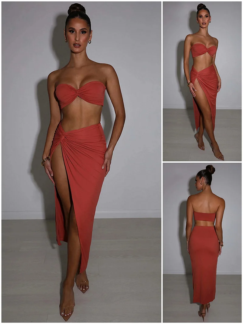 Ootddress Elegant Strapless Sexy Two Piece Set Women Sleeveless Crop Top And High Split Skirt Matching Sets Party Dress Sets