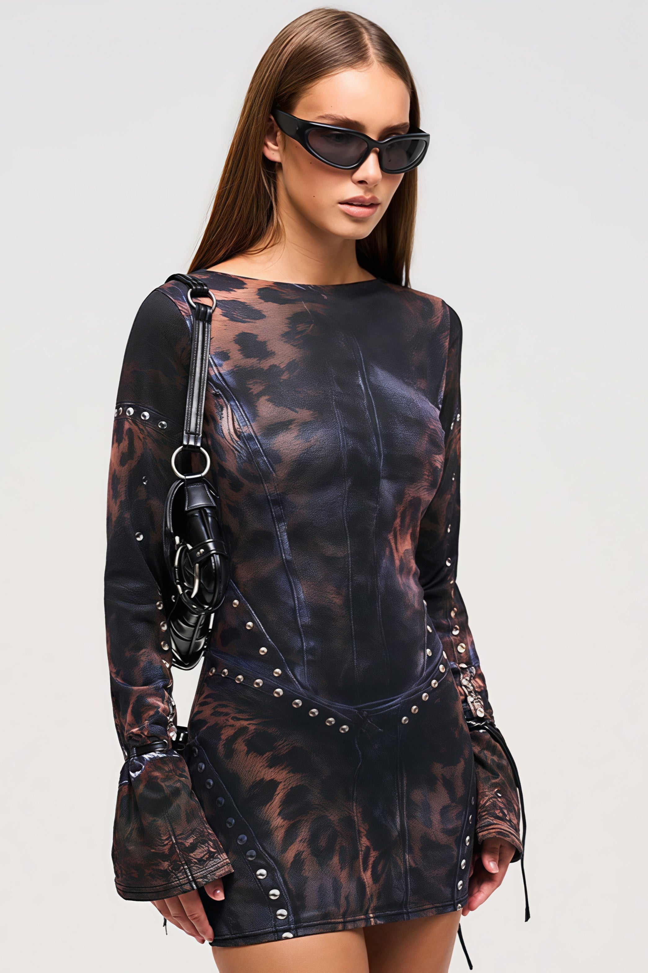 Print Trompe L'Oeil Studded Corset Boat Neck Long Sleeve Bodycon Mini Dress