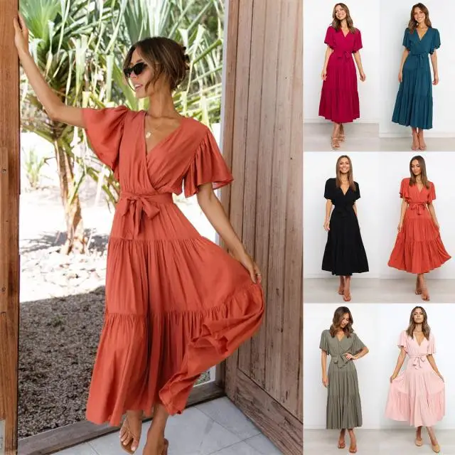 Trendy Solid Color Ruffles Long Dresses Women Sexy V-neck Ruffle Sleeves Leace-up Temperament Elegant Lady Dress 2025 Summer New 7 undefined