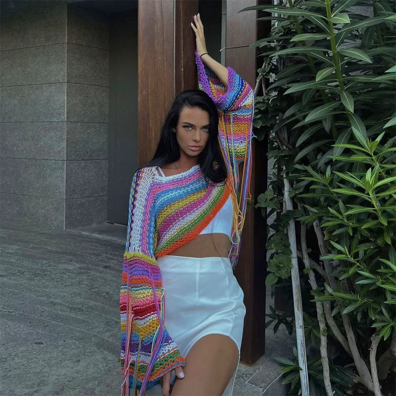 Ootddress Tassel Contrast Holiday Sweater Pullovers For Women Loose Flared Sleeve Beach Boho Knit Female Cover up Pullover Crop top 19 Ootddress Tassel Contrast Holiday Sweater Pullovers For Women Loose Flared Sleeve Beach Boho Knit Female Cover up Pullover Crop top