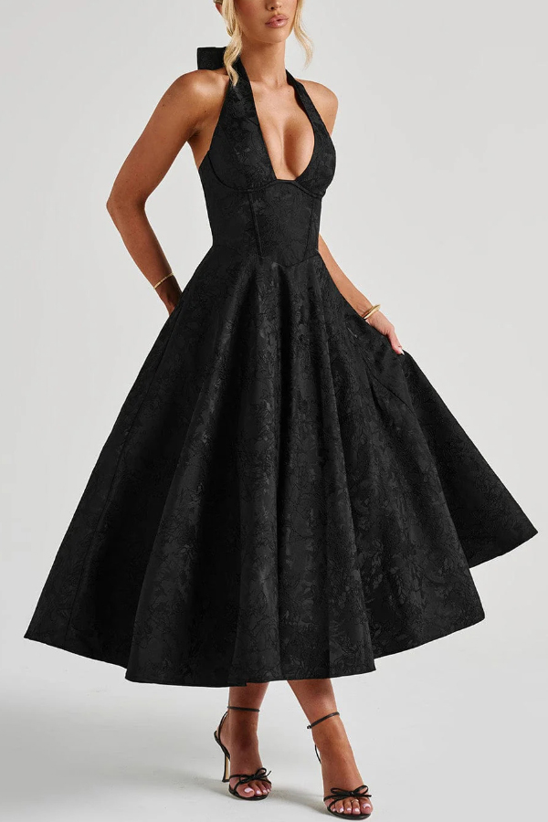 Stylish Jacquard Halter Neck Fitted Waist Open Back Elegant Midi Dress