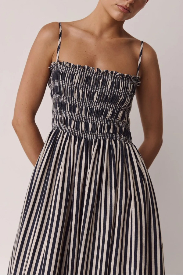 Striped Print Spaghetti Strap Pleated Pocket Casual Vacation Maxi Dress