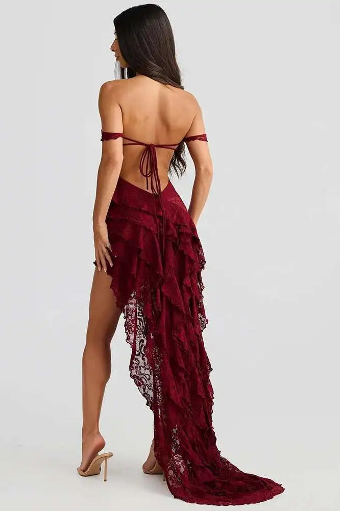 Floral Lace Off-Shoulder Tie-Front Tiered High-Low Ruffle Midi Dress