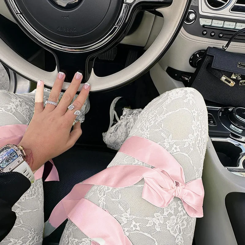 Ootddress Bow Splice Lace Pants Women Sheer Slim High Waist Bottoms Hot Girls 2025 Beach Party Sexy Club See Through Pant Ladies