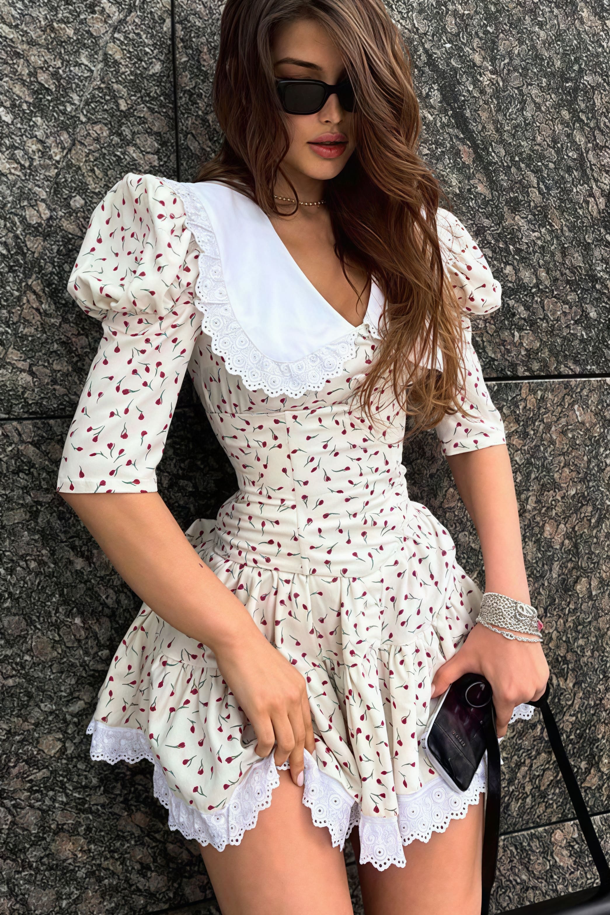 Peter Pan Collar Eyelet Lace Puff Sleeve Floral Button Front Tiered Mini Dress