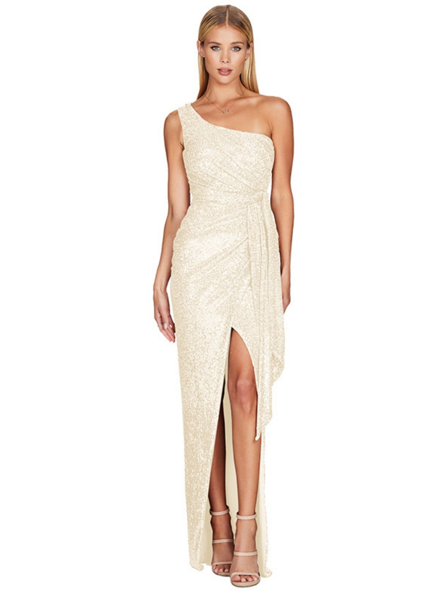 One-shoulder Tie-up Pleated Sweet And Spicy Sequined Dress