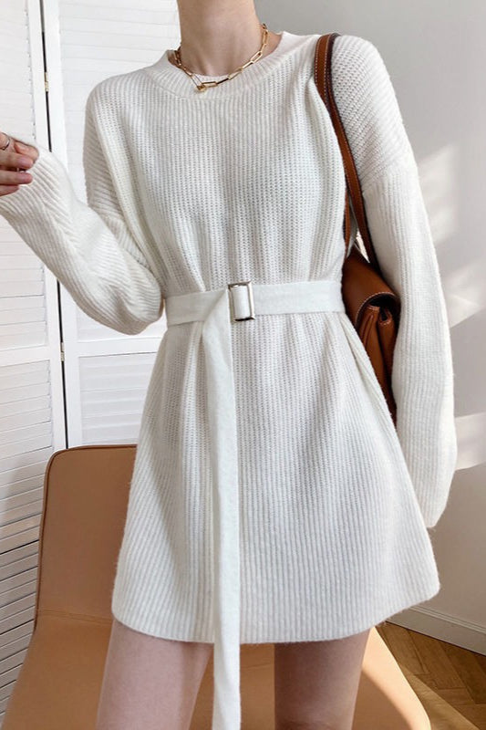 Rib Knit Belted Square Buckle Balloon Sleeve Sweater Mini Dress