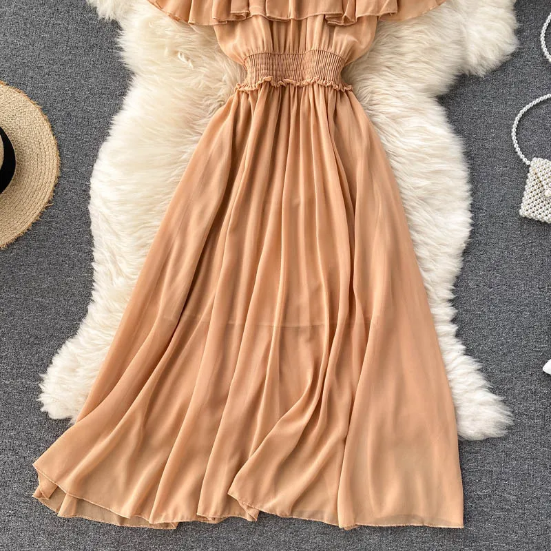 Women Chiffon Beach Dress Sexy Double Layer Ruffled Off The Shoulder Boho Dresses Ladies Sweet Slash Neck Long Dress 26 Women Chiffon Beach Dress Sexy Double Layer Ruffled Off The Shoulder Boho Dresses Ladies Sweet Slash Neck Long Dress