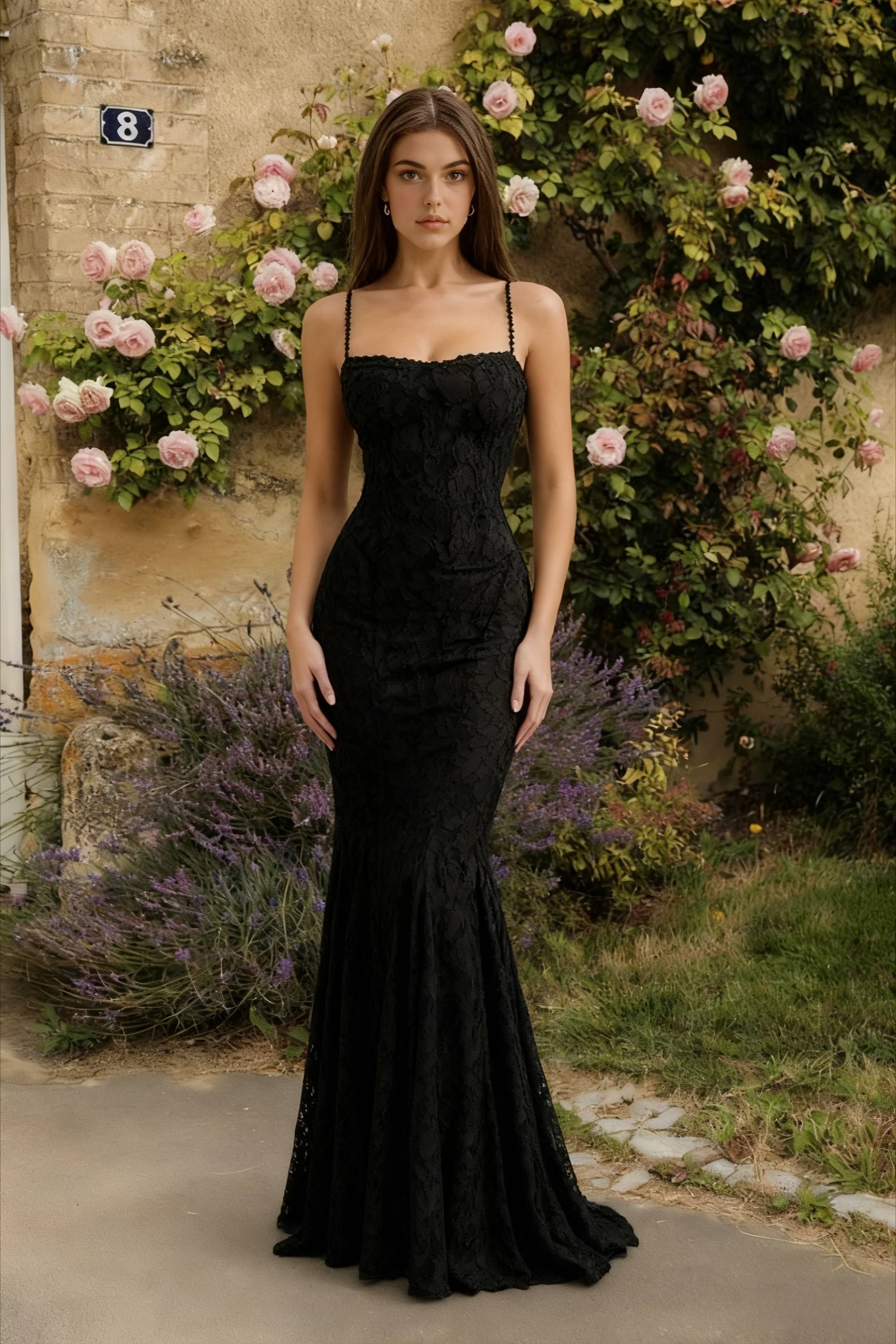 Floral Jacquard Spaghetti Strap Square Neck Mermaid Maxi Gown