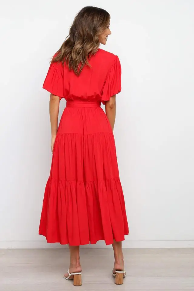 Trendy Solid Color Ruffles Long Dresses Women Sexy V-neck Ruffle Sleeves Leace-up Temperament Elegant Lady Dress 2025 Summer New 40 undefined