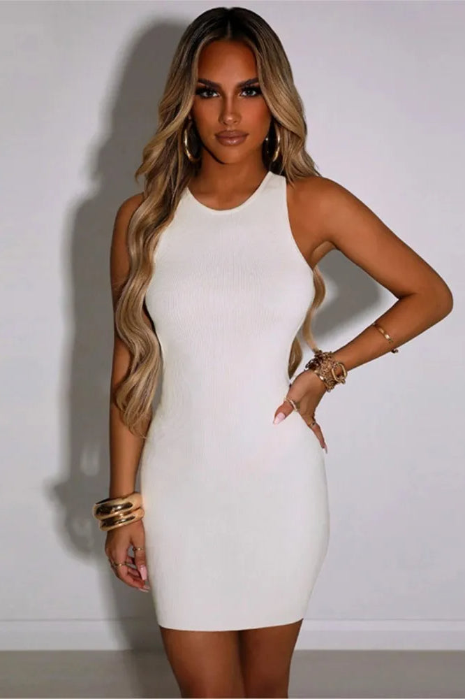 Ribbed Knit Crew Neck Sleeveless Open Back Bodycon Mini Dress