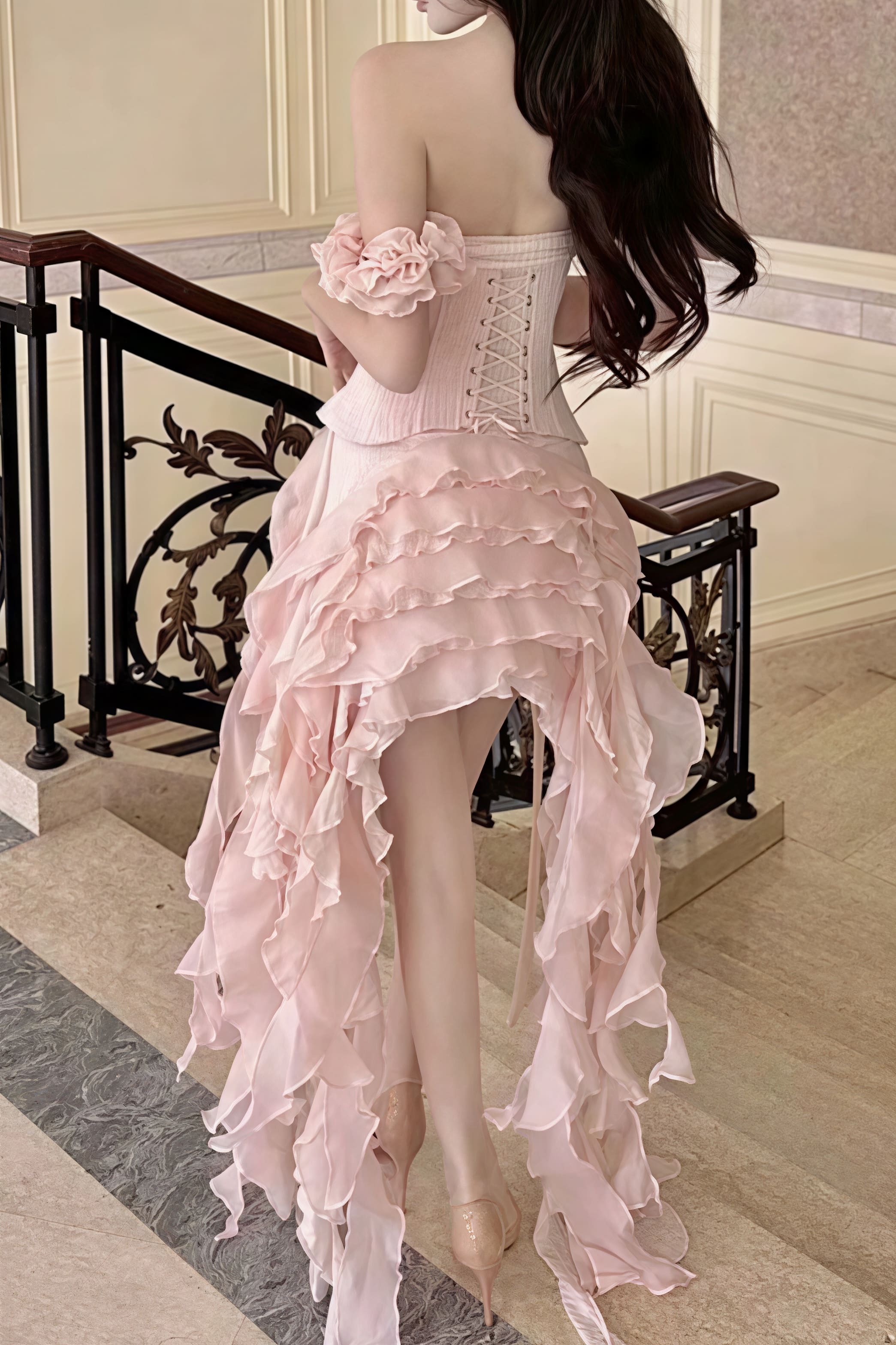 Halter Corset Button Front Detached Ruffle Sleeve Shredded Fringe Mini Dress