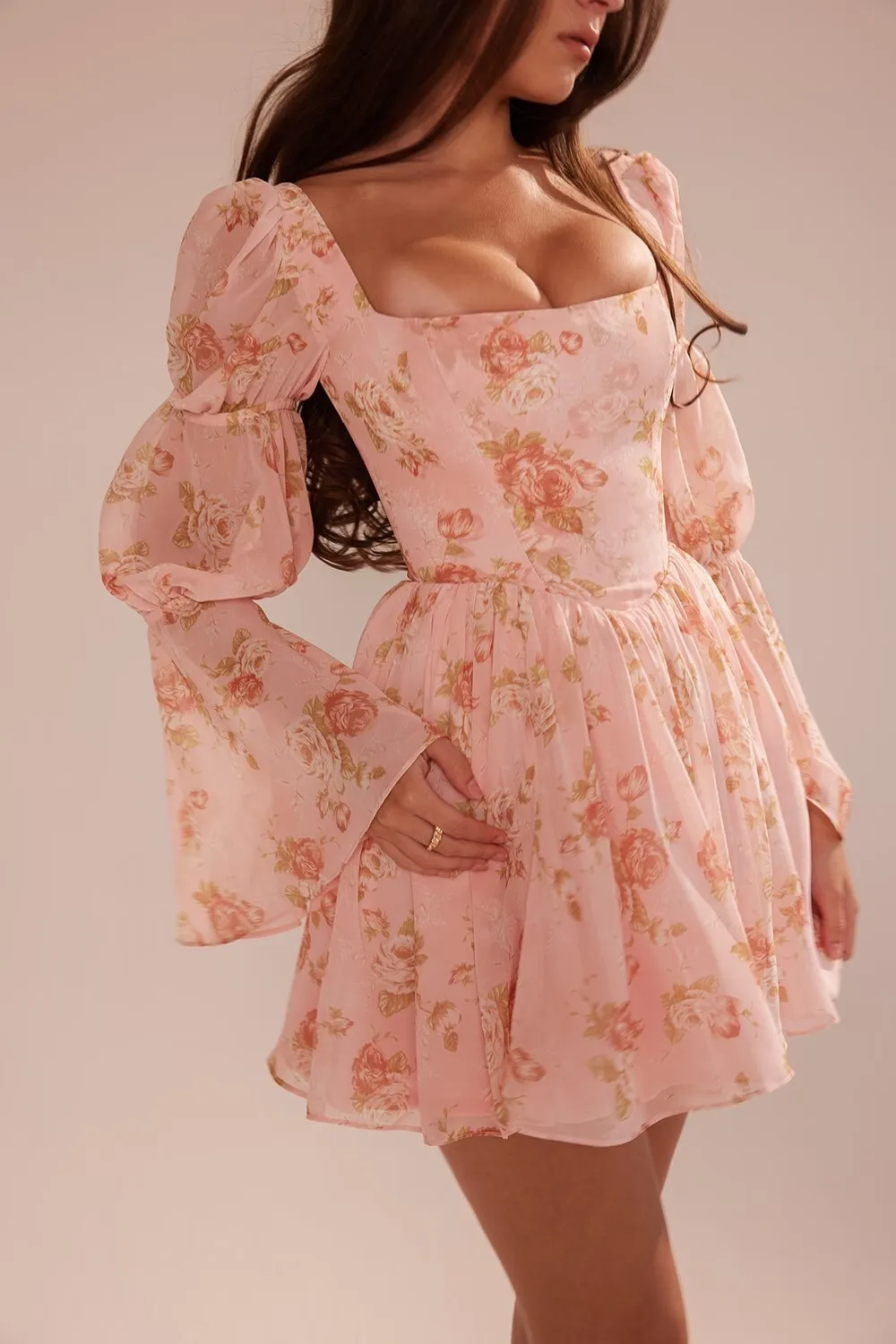 Ootddress Elegant Horn Long Sleeve Bodycon Printed Short Skirt Female Sexy Square Neck Slim Female Dress Party Club Evening Dress