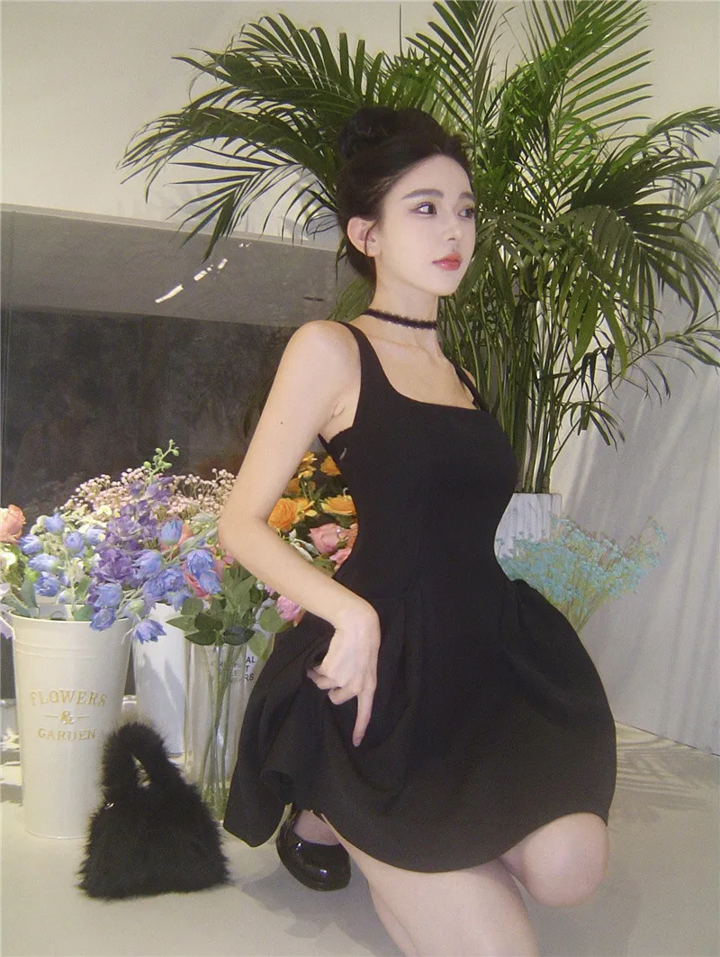 Y2K Black Short Dress Women Spaghetti Strap New Summer Sexy Evening Party Dresses with Pockets French Vintage Backless Clothing