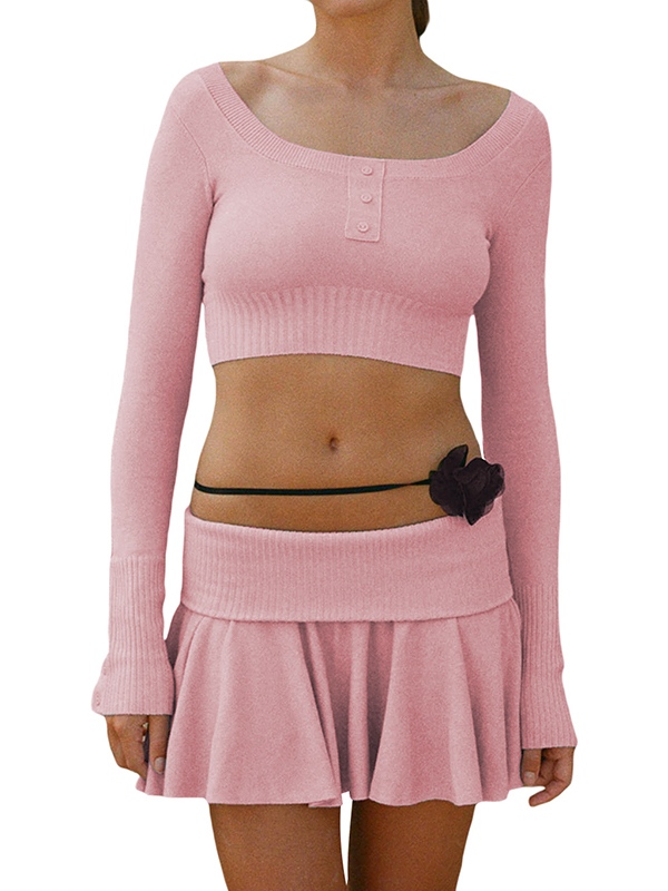 Solid Color Breasted Crop Turned Waist Knit Two Piece