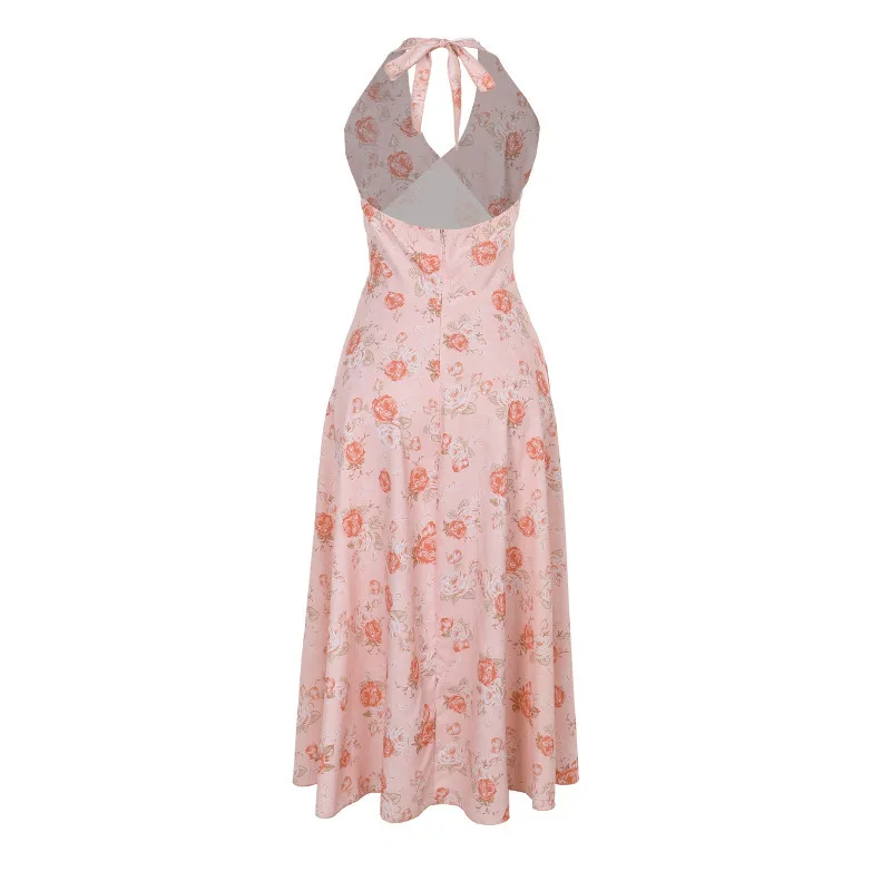 Ootddress Sexy Print Deep V-neck Sleeveless Backless Neck-mounted Dress Women Slim High Waist Birthday Party Dress Femme Outfits