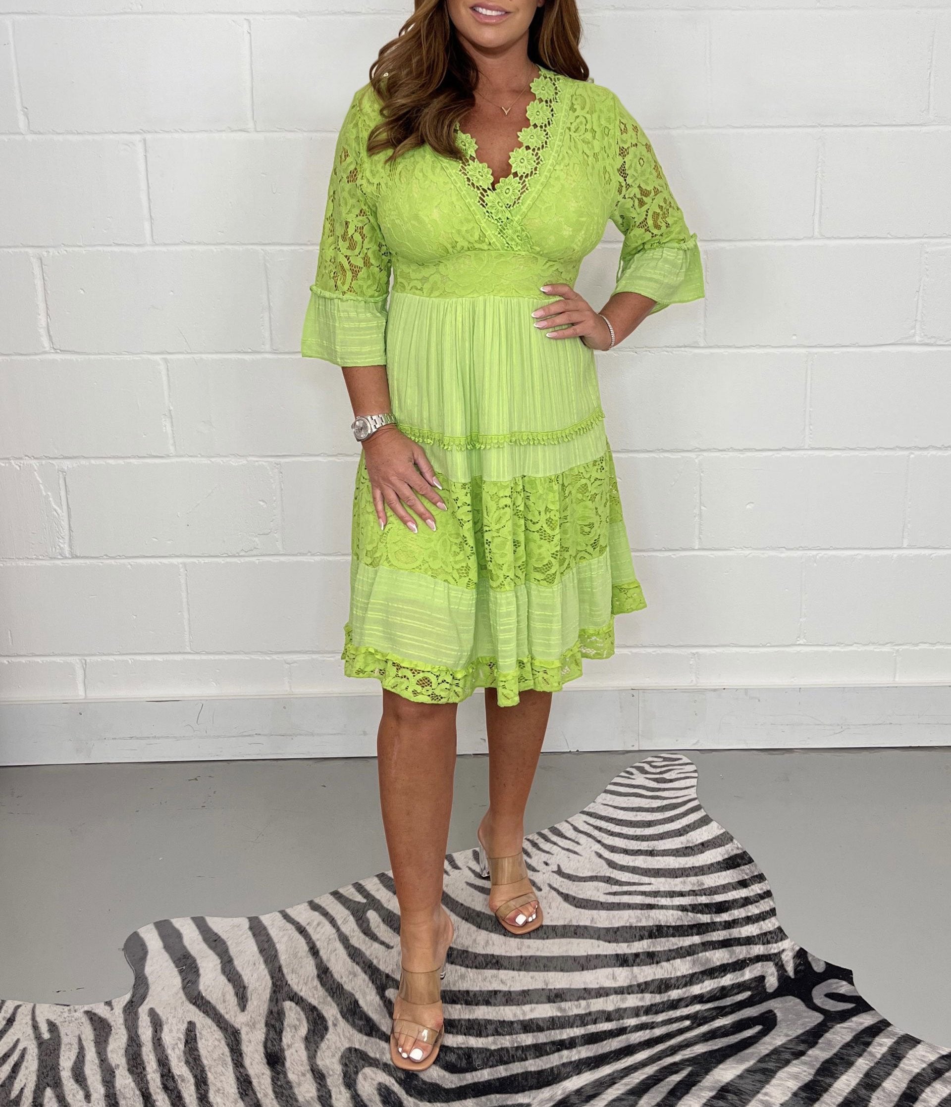 Scalloped Floral Lace V-Neck Bell Sleeve Empire Waist Tiered Lace Panel Midi Dress