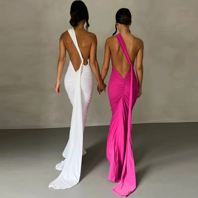 Ootddress Oblique Shoulder Backless Maxi Dress For Women Gown Summer Back Strap Sleeveless Ruched Party Sexy Long Dress Vestidos