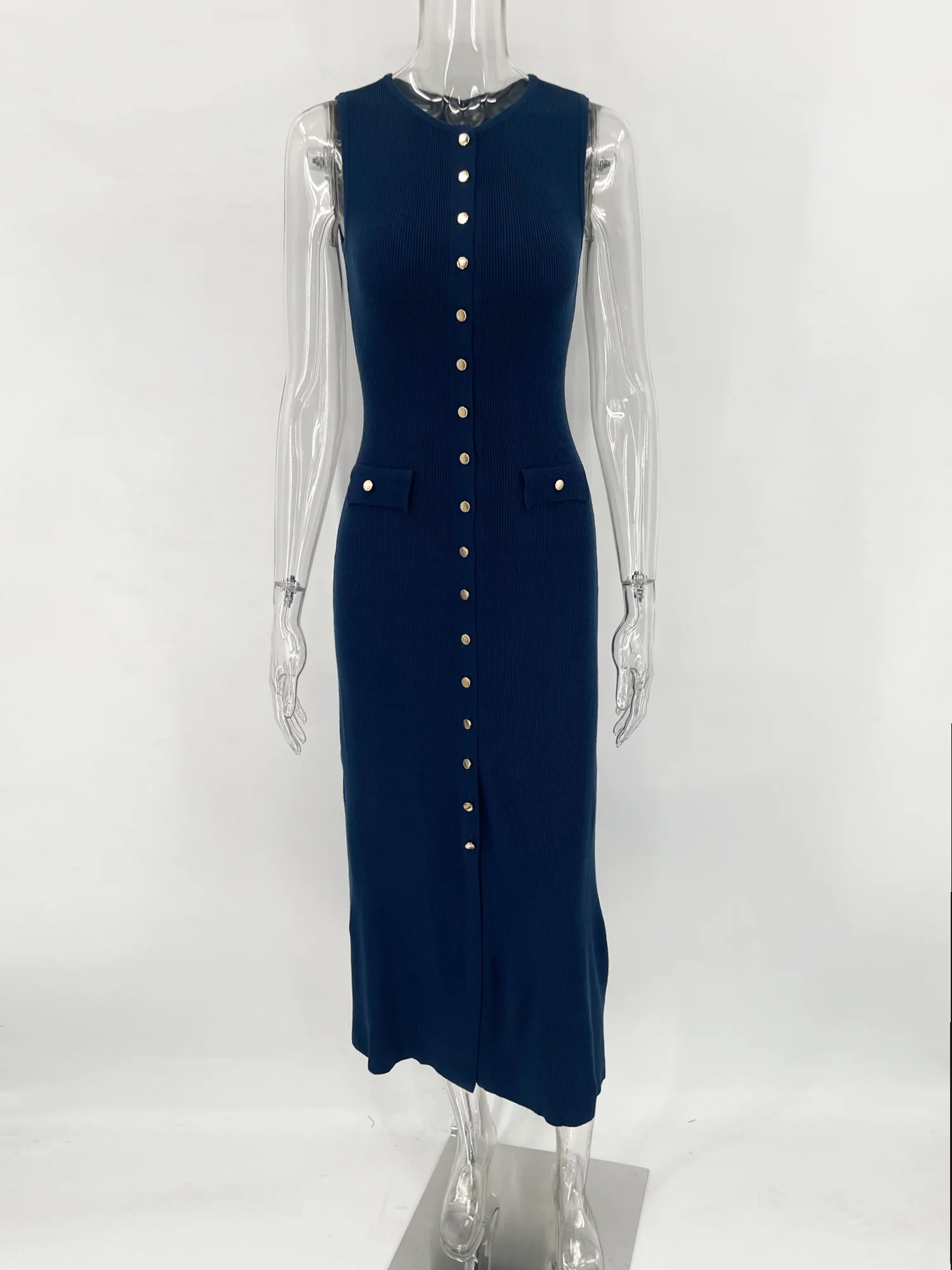Ootddress Knit Ribbed Cardigan Maxi Dress Female High Waist Slim Pocket Sleeveless Elegant Party Dress Women's Knitwear Long Dress