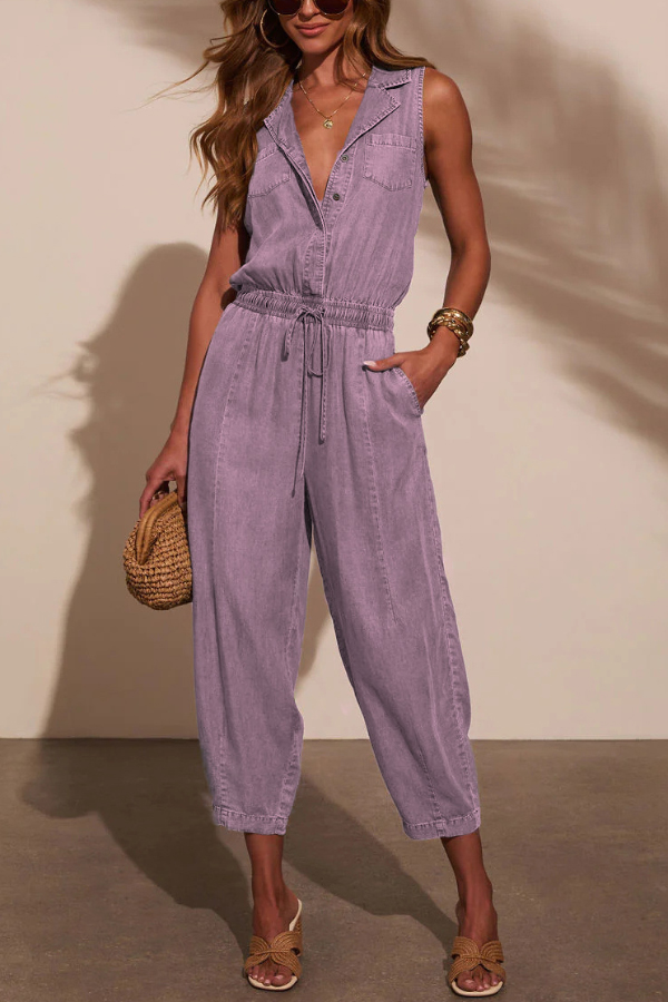 Stylish Collared Sleeveless Elastic Waist Tie Casual Pocket Denim Jumpsuit