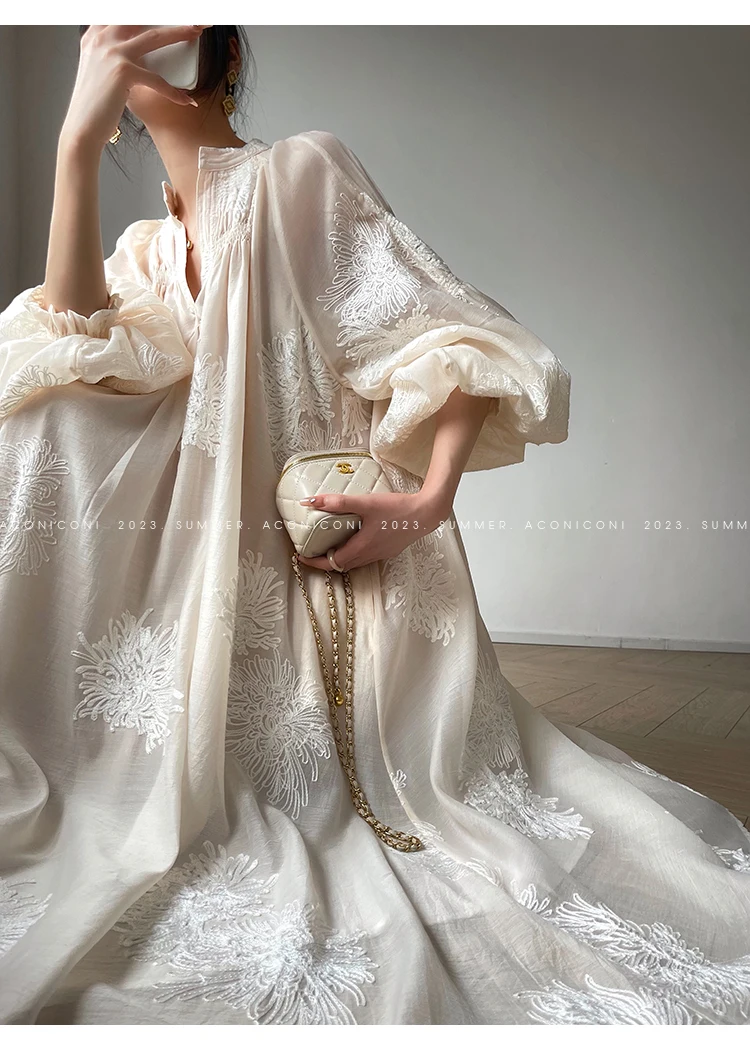 Spring Women Embroidery Evening Party Dresses Elegant Lantern Sleeve Vintage Casual A-Line Dress Female Fashion Vestidos Robe