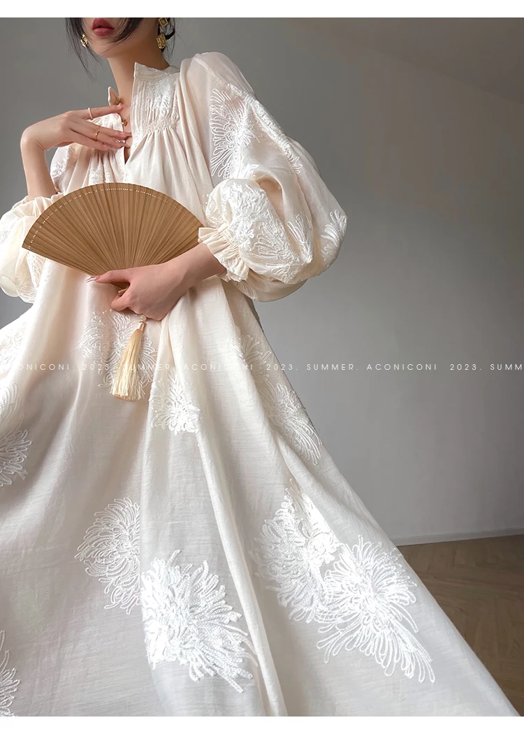 Spring Women Embroidery Evening Party Dresses Elegant Lantern Sleeve Vintage Casual A-Line Dress Female Fashion Vestidos Robe